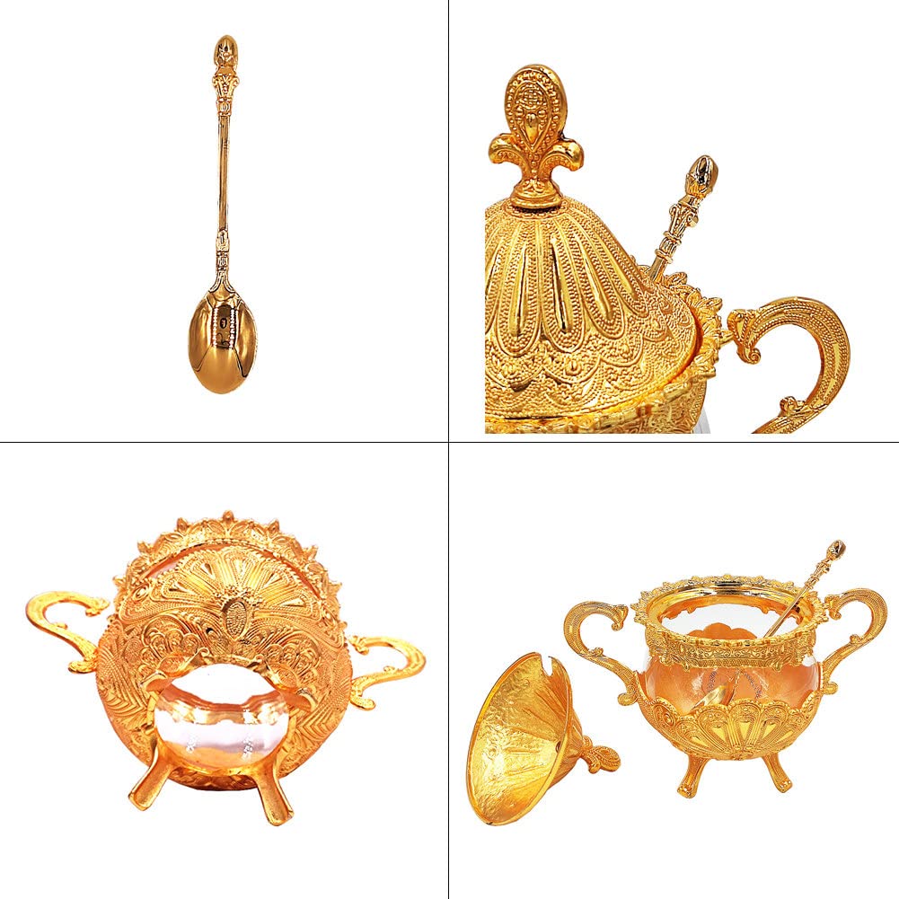 Hourwof Sugar Bowl with Lid and Spoon for Kitchen Coffee Bar and Wedding Party,Metal and Glass Sugar Container for Sugar Cube and Powder Sugar,Spice Condiment Container,Salt Server,Gold