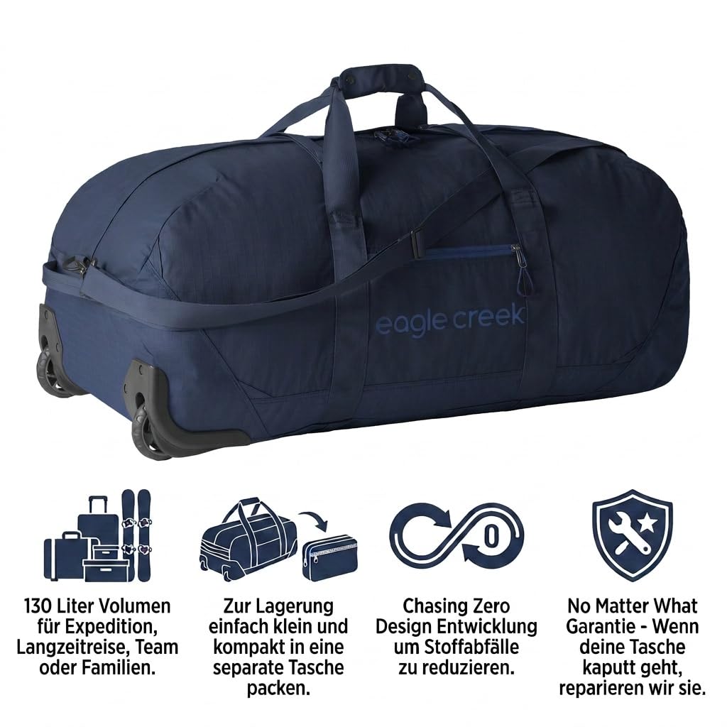 Eagle Creek No Matter What Rolling Duffel - Durable Rolling Bag for Travel - Adjustable Shoulder Strap - Heavy Duty Wheels - Lockable Zippers - Multiple Carry Options - 130L - Atlantic Blue