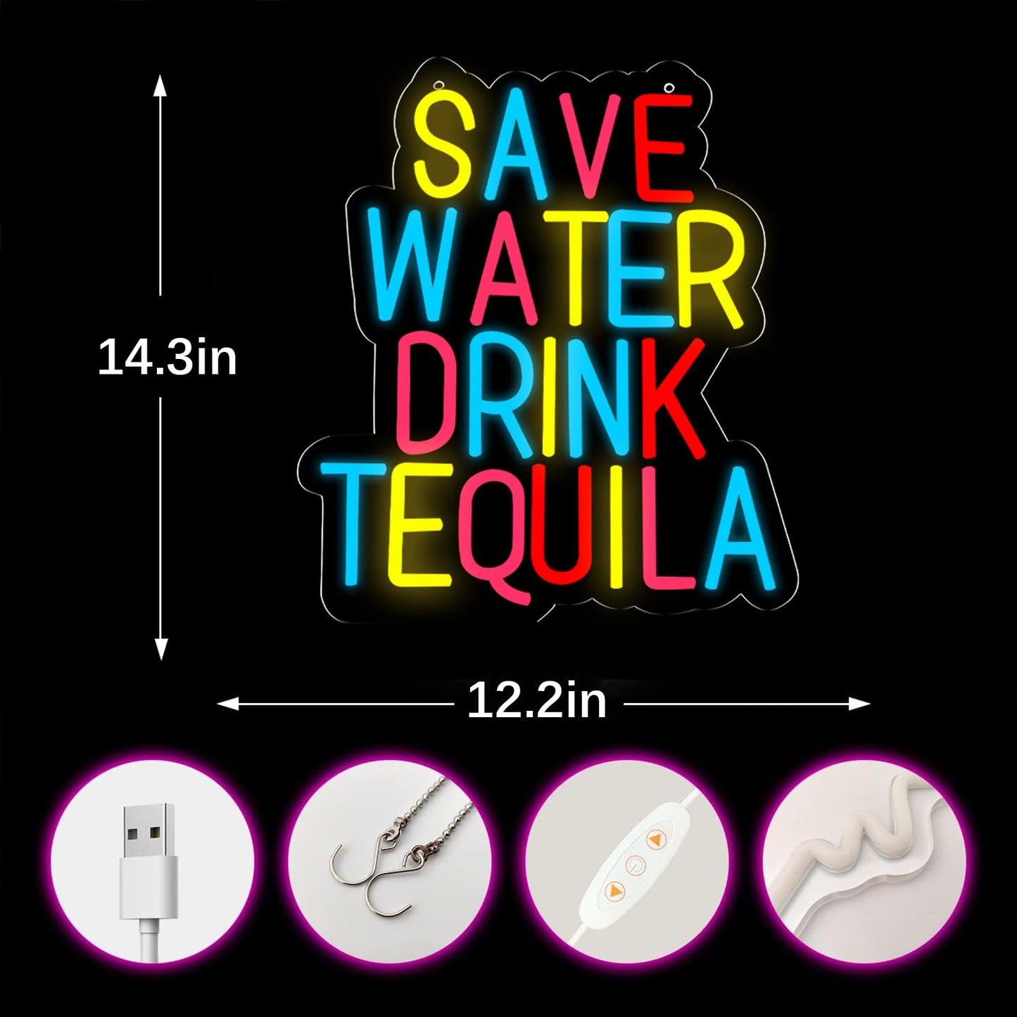 qbanziou Save Water Drink Tequila Neon Signs for Wall Decor，Neon Lights for Bedroom LED Signs Suitable for Man Cave，Doorplate，Christmas Gifts