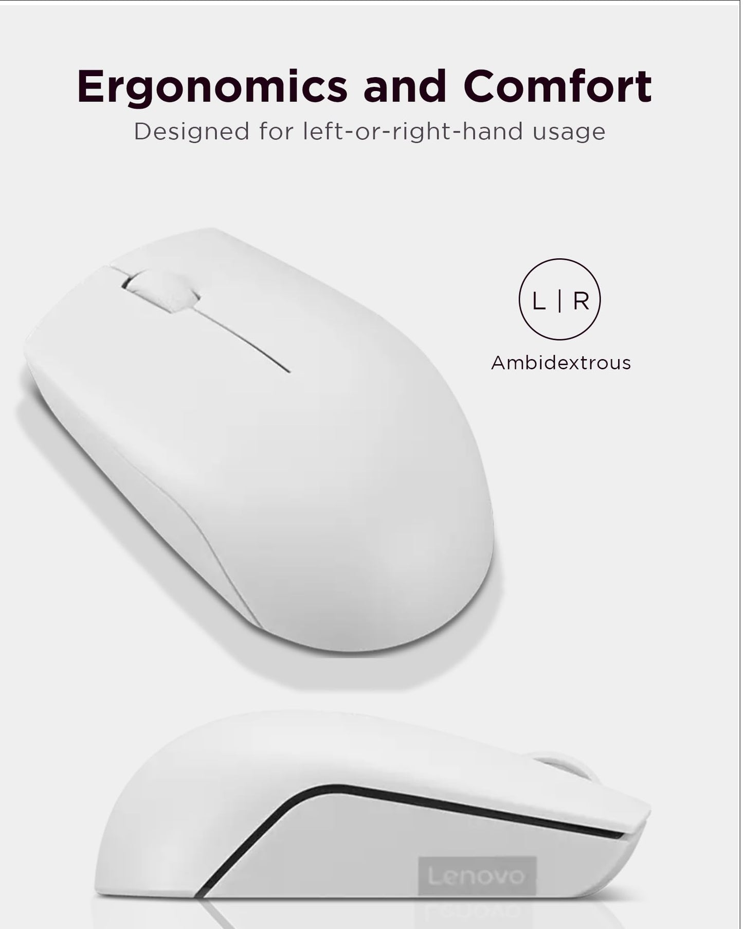 Lenovo 300 Wireless Mouse – Computer Mouse for PC, Laptop with Windows – Ambidextrous Design – 2.4 GHz Nano USB Receiver – 12 Month Battery Life