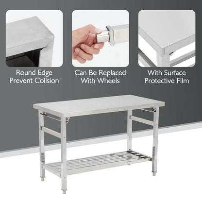 Garvee 48x24 Inch NSF Stainless Steel Folding Table – Heavy-Duty Commercial Prep Table for Kitchen, Restaurant & Home, 500 lbs Capacity with Adjustable Undershelf, Easy to Assemble