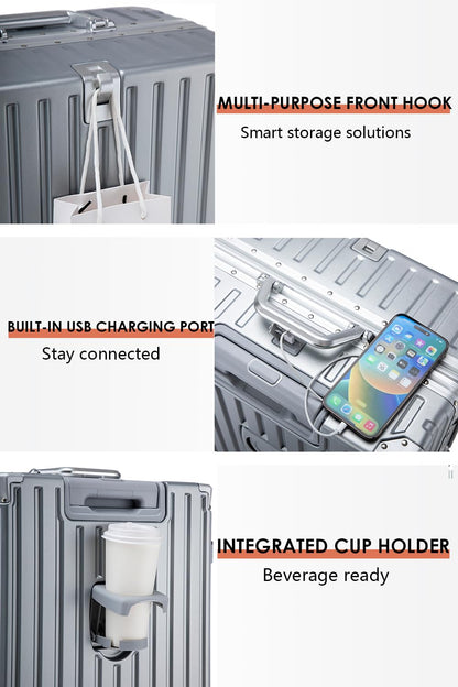 HotWay PC Hard Shell Checked Suitcase with Aluminum Frame, Luggage with Cup Holder and USB Port, Zipperless Luggage for Business Travel (Silver, Checked In 24Inch)