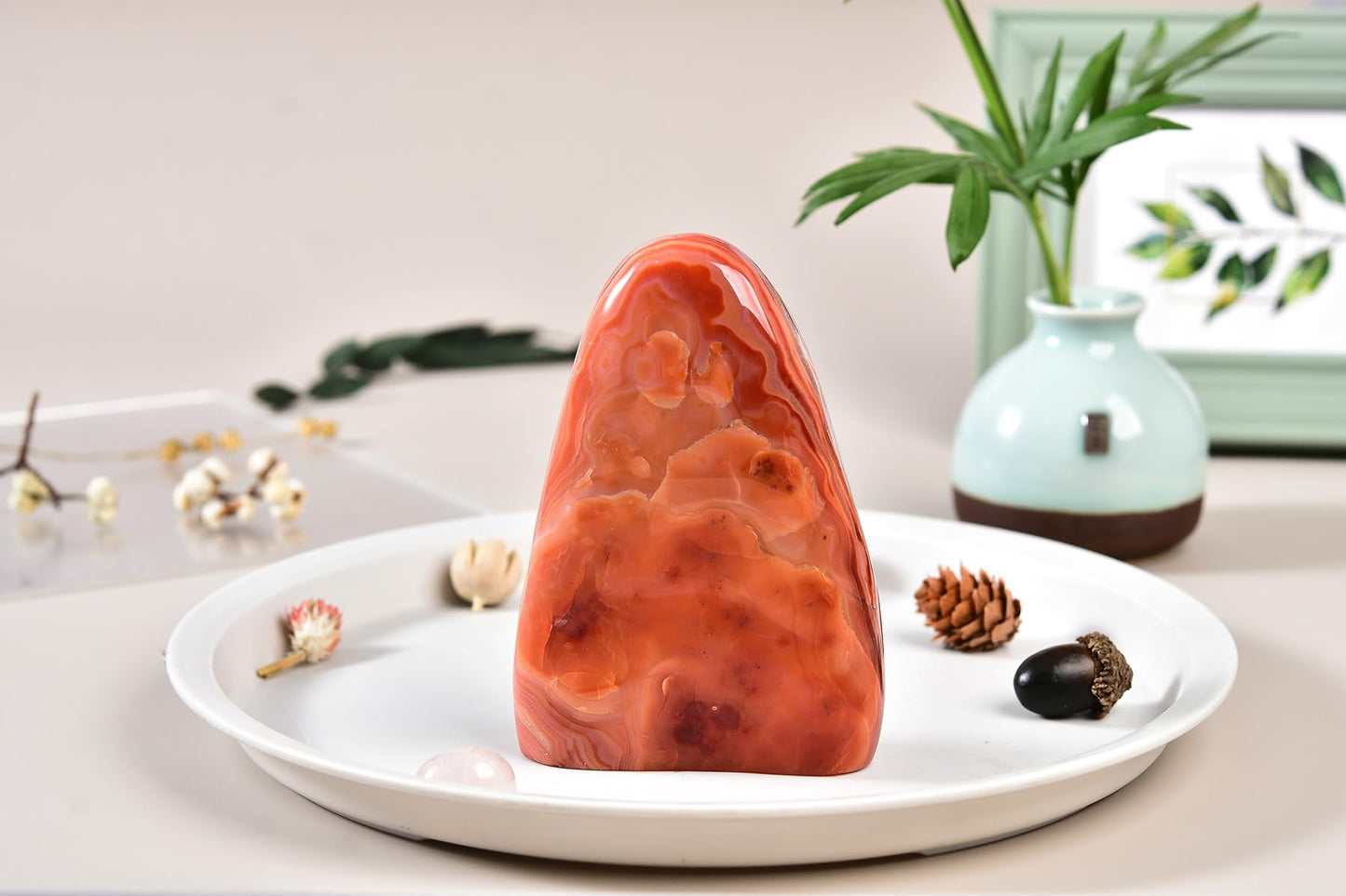 AMOYSTONE Single Red Agate Healing Crystal Carved Polished Slab Stone Home Decor, Irregular 1~1.4 LBS