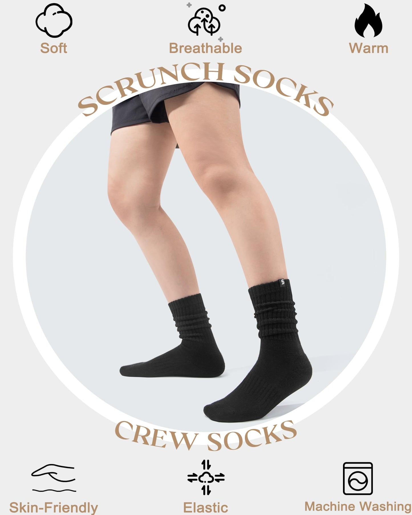 Sorfneo Athletic Slouchy Socks for Women, 4 Pairs Scrunch Cotton Comfy Boot Crew Socks, Size 5-10