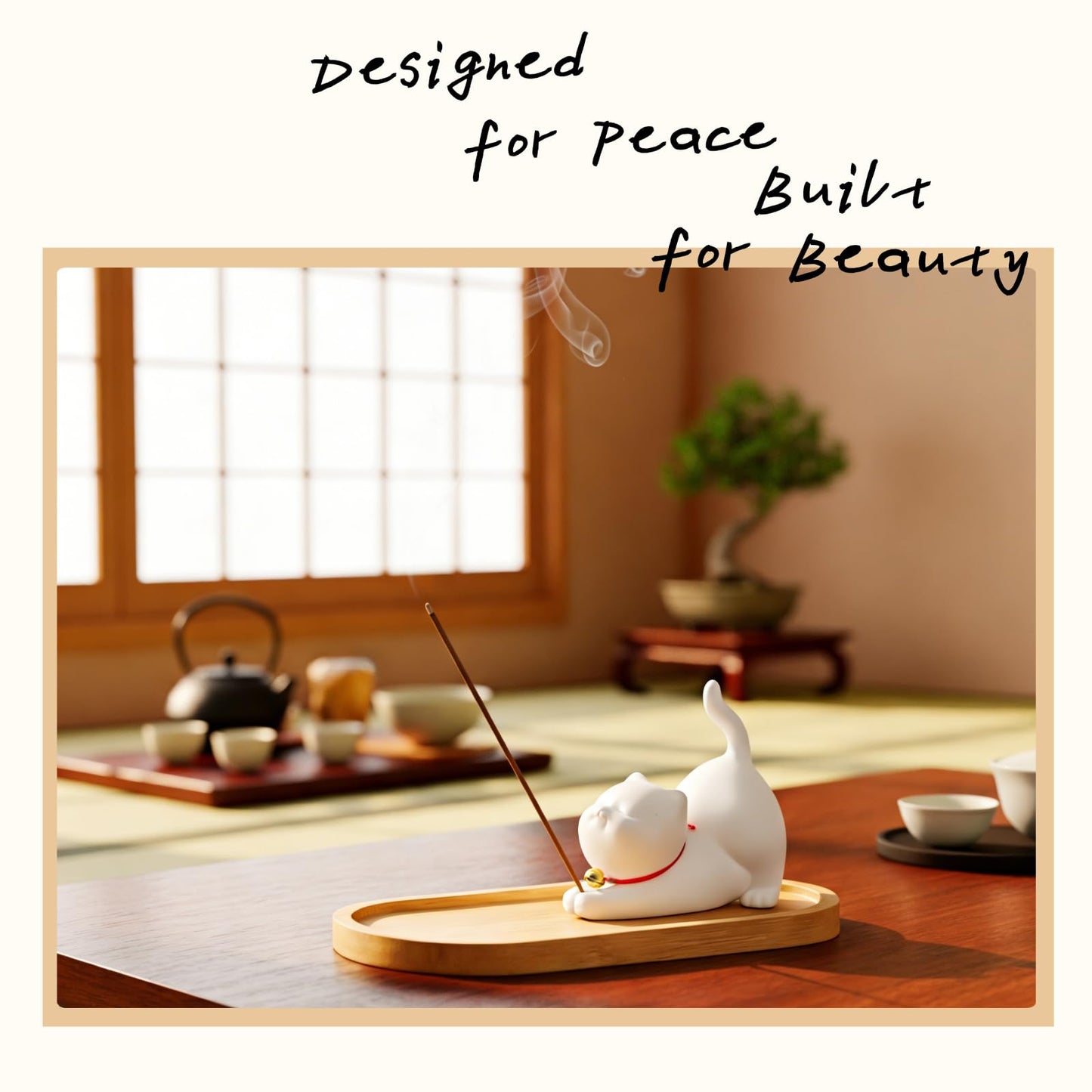 Cute Ceramic Cat Incense Holder Set with Bamboo Ash Tray and Sticks, Handmade Cat Incense Burner Incense Holder for Sticks for Yoga Spa Meditation Massage Home Office Desk Decor Zen Space Gifts
