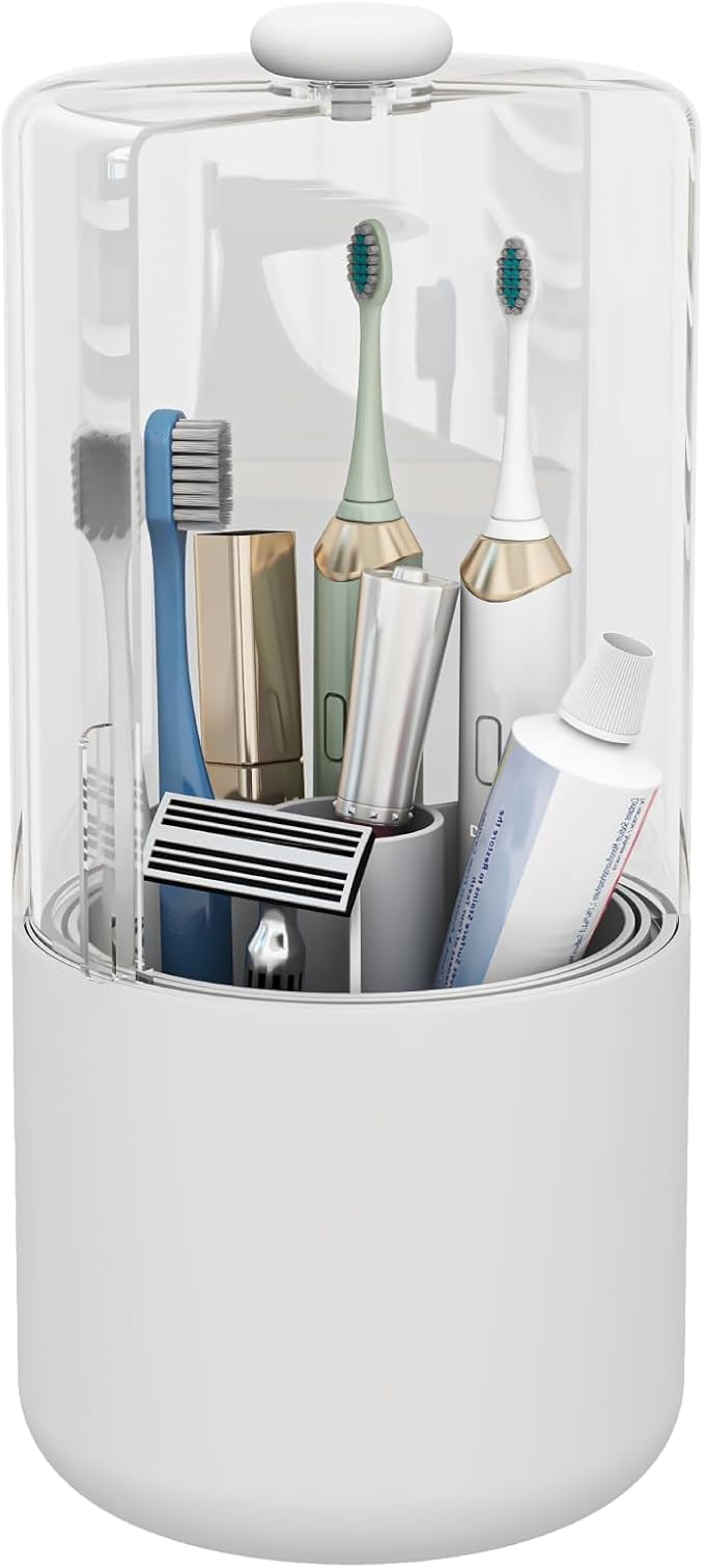 Toothbrush Holder with Cover 360 Rotating 4 Compartments Bathroom Toothpaste