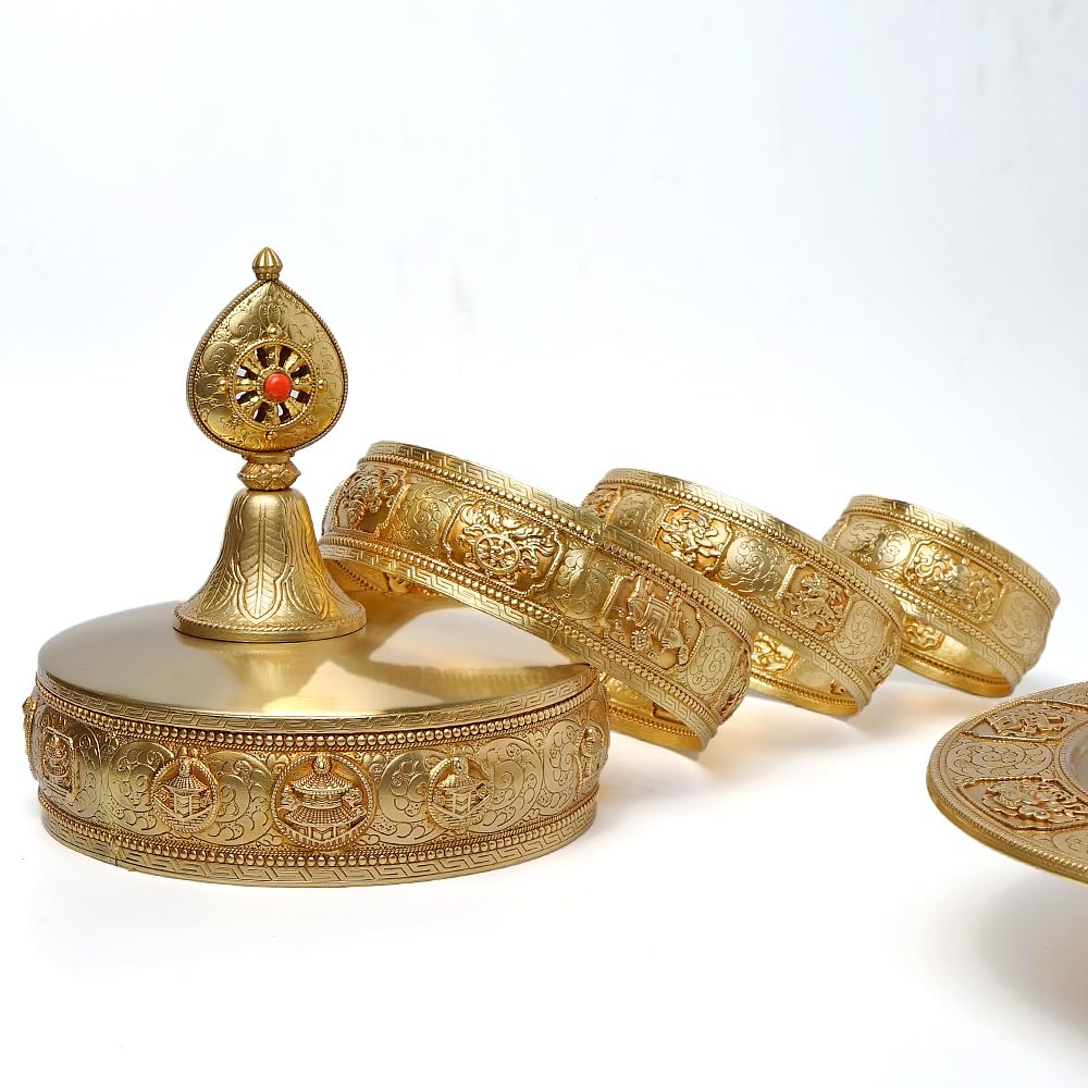zenmood Tibetan Buddhist Mandala Offering Set, Brass Ceremonial Tower, 10.4 inch Height, Gold