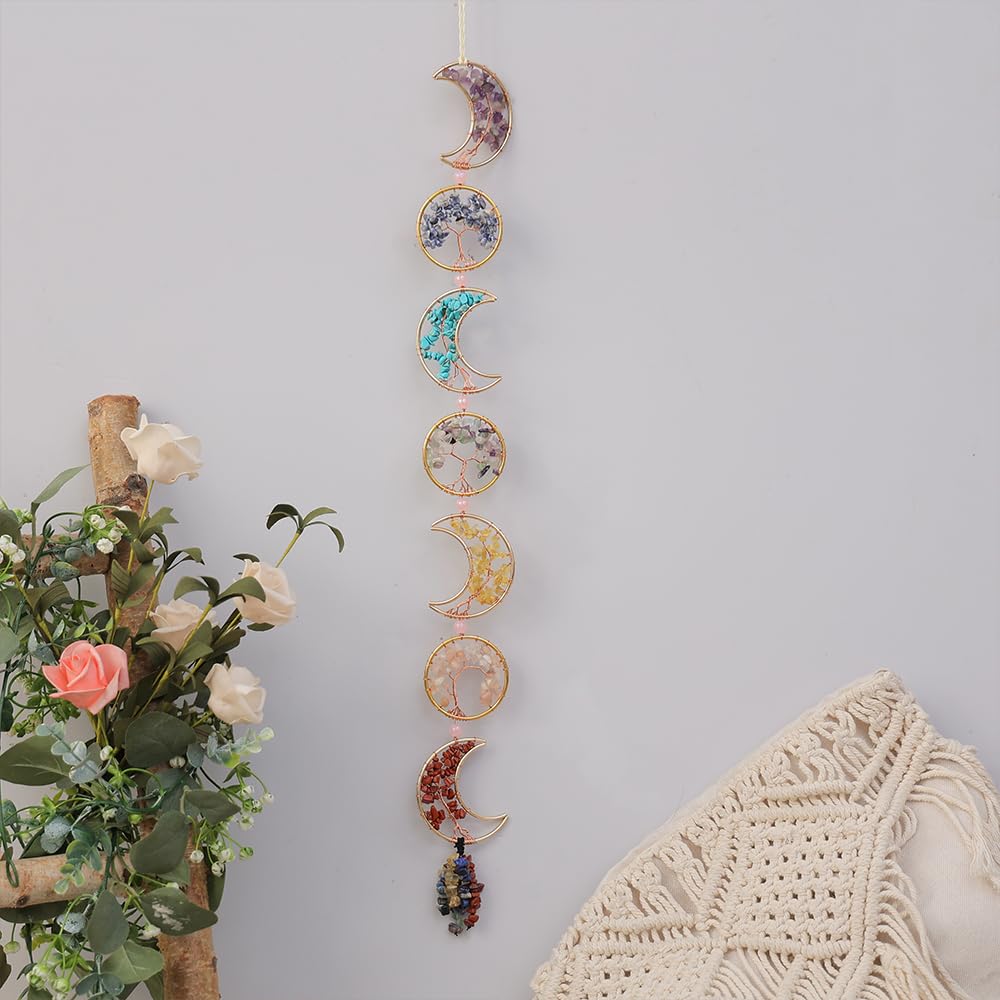 Chakra Wall Decor Tree of Life Crystal Stones Moon Wall Ornament Natrual Gemstones Hanging 7 Chakra Healing Crystals with Tumbled Tassel Suncatcher for Home Yoga Meditation Gift (Moons and Circles)