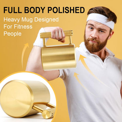 Heavy Mug Weighted Mug 18LB/8KG 10 oz Heavy Workout Cup with Non-Slip Handle, 304 Stainless Steel Fitness Dumbbell Coffee Mug for Home Gym Training, Arm Strength Challenge,Golden