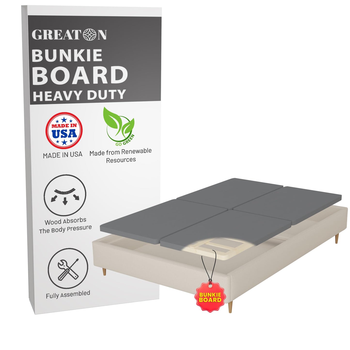 Greaton 1.5" Split Wood Bunkie Board for Full(Fold) Size Bed - 4-Piece Under Mattress Support Board, Fully Assembled, Fabric Ventilation Cover - Replaces Wooden Slats or Box Spring for Bed Frames