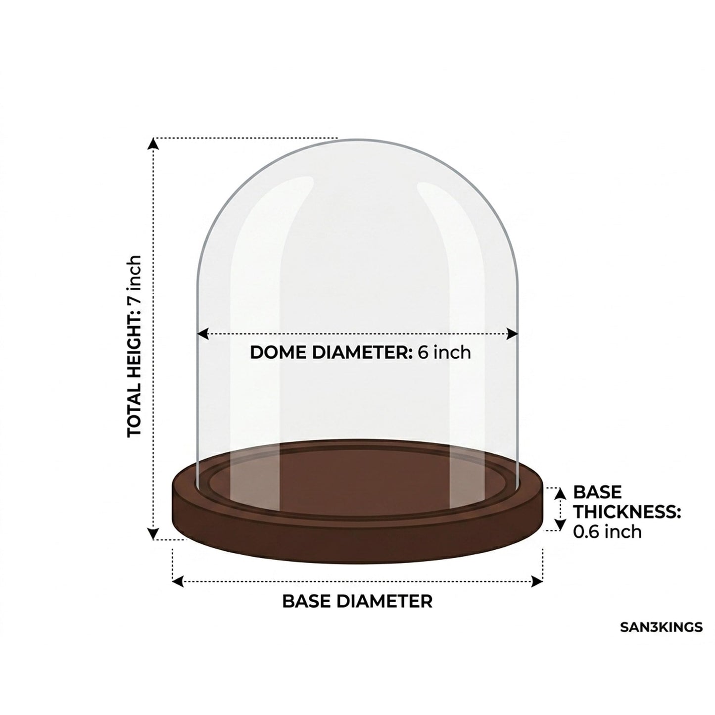 SAN3Kings Glass Cloche Bell Jar Display Dome with Brown Wooden Base, 6x7 Inch Clear Glass Display Case with Wood Stand for Home Decor, Plants, Succulents, Collectibles, Preserved Flowers, Centerpieces