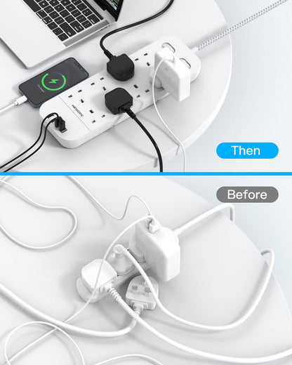 Extension Lead with USB Slots, 8 Way Outlets Power Strip with 4 USB Ports, 1800J Surge Protection Double Switch Plug Extension with 1.8M Braided Extension Cord for Home, Office