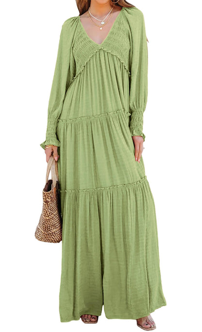 R.Vivimos Maxi Dress for Women Long Sleeve V Neck Empire Waist Layered Ruffle Boho Casual Flowy Long Dresses