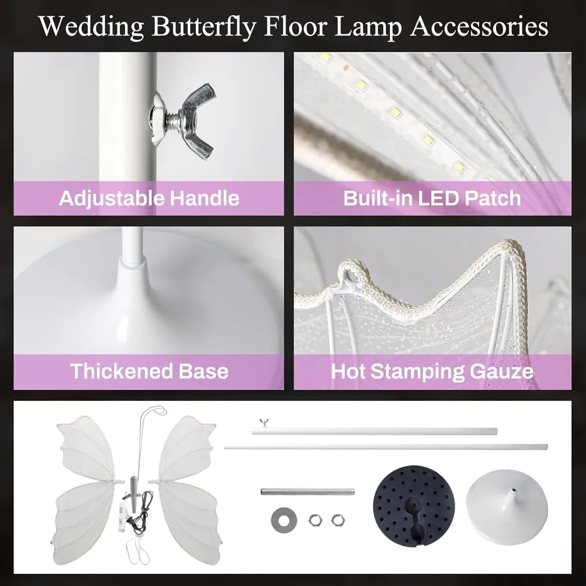 DYRABREST 2-Pack Butterfly Wedding Aisle Lights Romantic Butterfly LED Decoration Lights, Adjustable Height 57.5-70.1in LED Decor with Dual Mounting for Indoor Weddings (White, White Light)