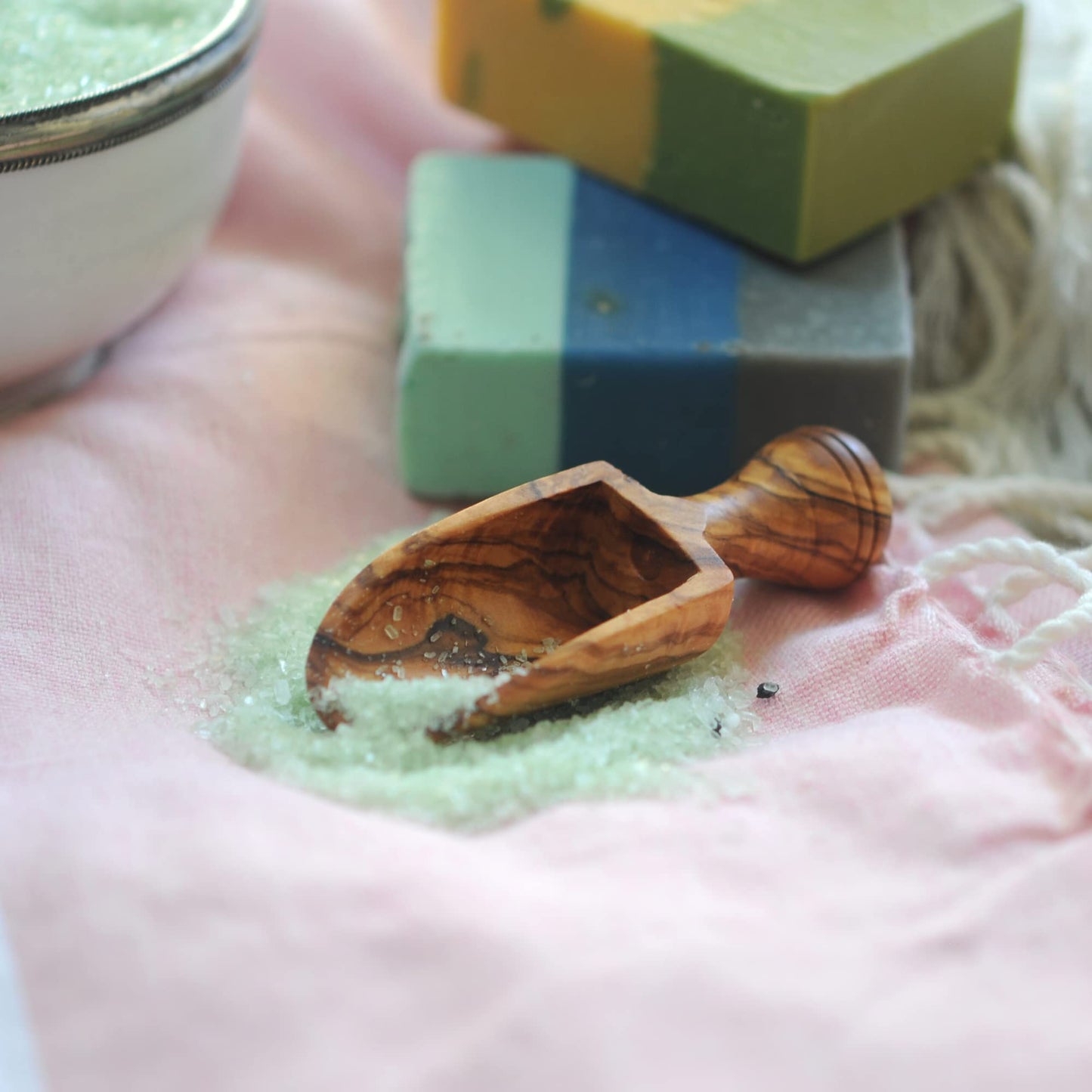 Olive Wood 3.25" Set of 2 Wooden Bath Salt Scoops, Hand Carved Medium Size Wooden Seasoning Scoops