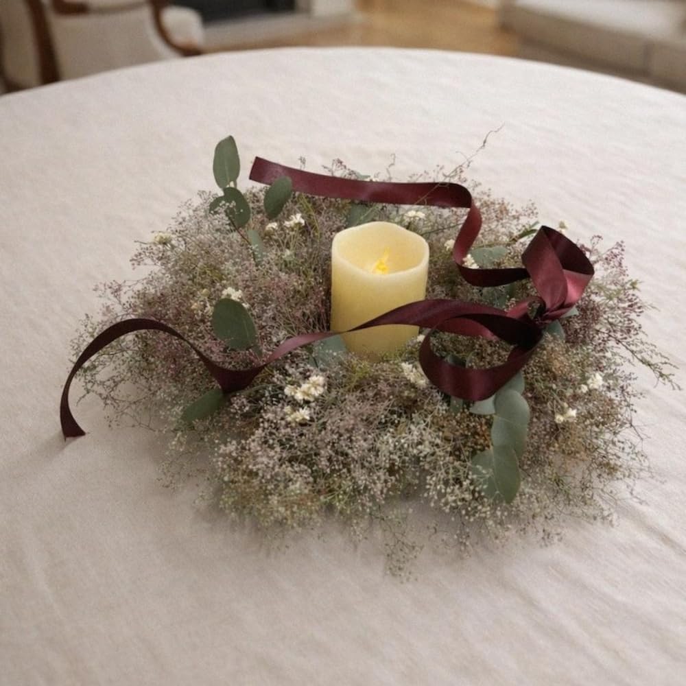 Pearly Dried Flower Centerpiece, Handmade Everlasting Floral Arrangement with Sweet Annie and Eucalyptus, 16 Inch Round Botanical Decor for Table, Mantel or Wall
