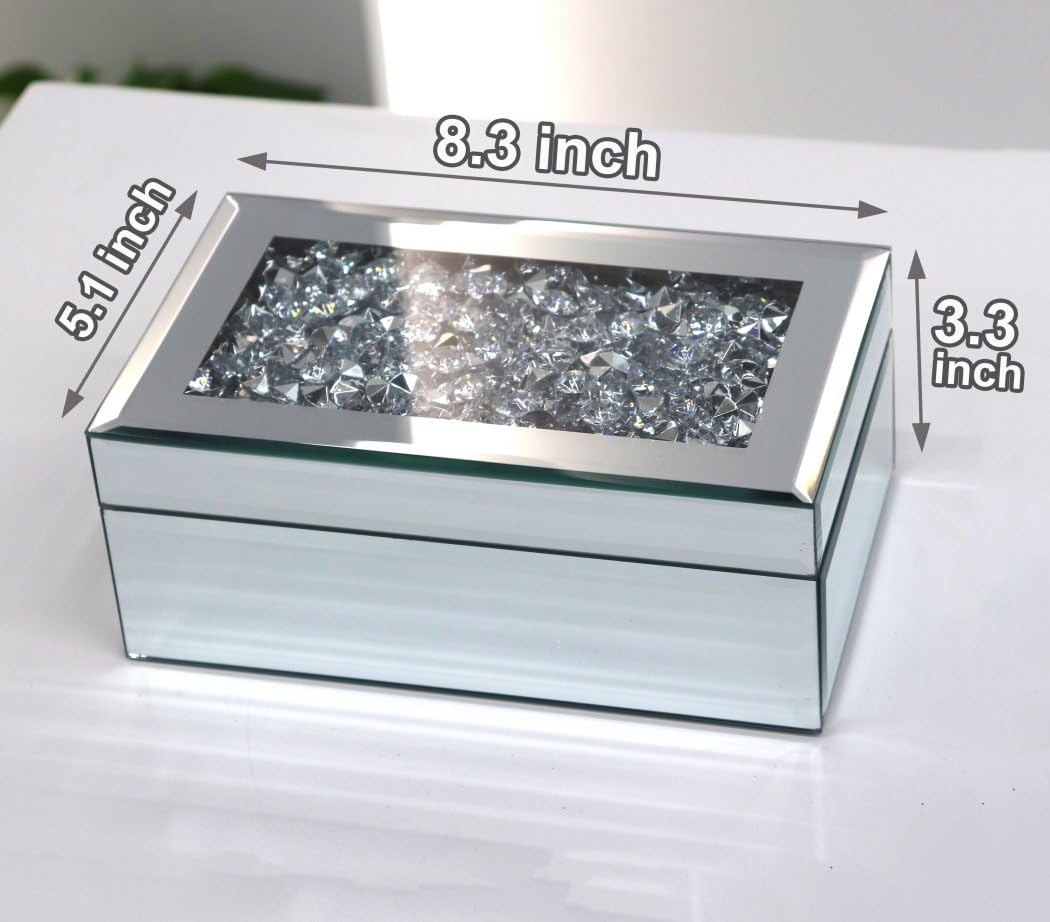 Luxury Silver Crushed Diamond Glass Mirrored Jewelry Organizer Box Storage