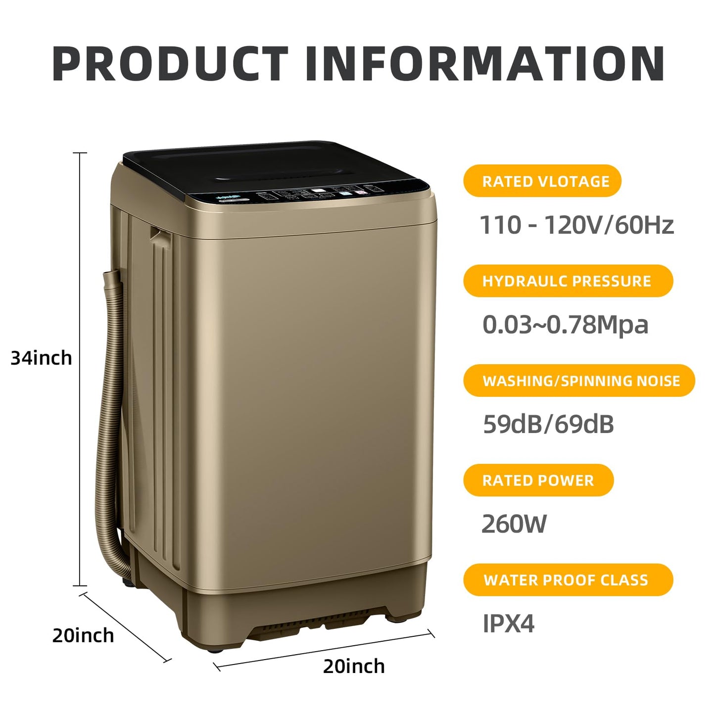 Qhou Full-Automatic Washing Machine, 15.6lbs Capacity Portable Washer, with Drain Pump, LED Display/8 Water Levels Selections/10 Programs Compact Laundry Washer for RV, Camping, Apartment, Dorm（Gold)