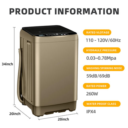 Qhou Full-Automatic Washing Machine, 15.6lbs Capacity Portable Washer, with Drain Pump, LED Display/8 Water Levels Selections/10 Programs Compact Laundry Washer for RV, Camping, Apartment, Dorm（Gold)