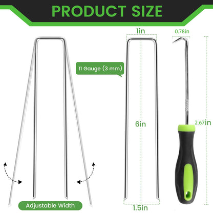 200 Pack 6 Inch Landscape Staples + 1 Hook 11 Gauge Heavy Duty Galvanized Garden Stakes, U-Shaped Ground Pins for Weed Barrier Fabric, Drip Irrigation Tubing, Sod, Lawn & Christmas Outdoor Decorations