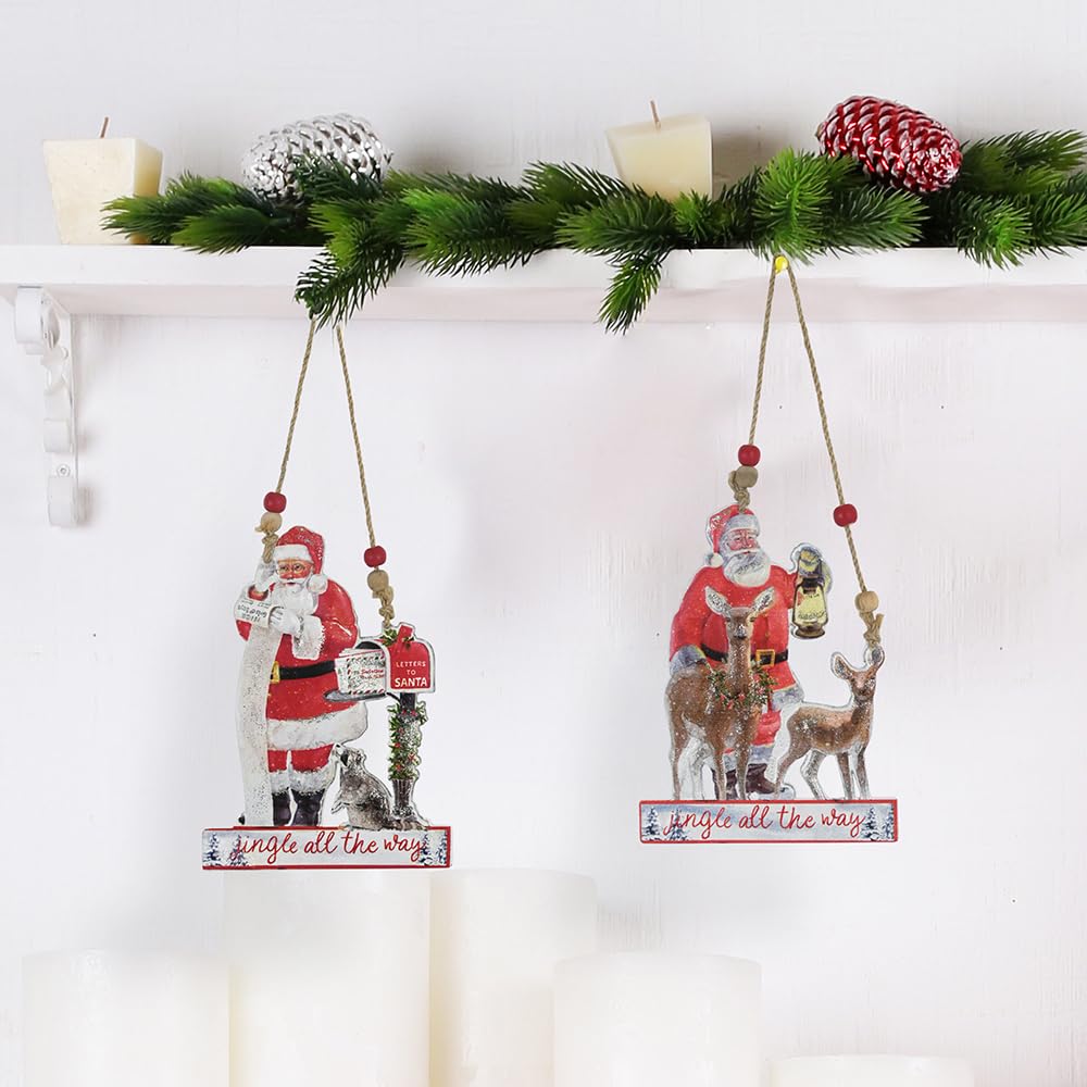 Rustic Metal Christmas Ornaments 2-Pack Xmas Hanging Ornaments Embossed Santa Claus Reindeer for Christmas Tree, Fireplace and Wall Decoration