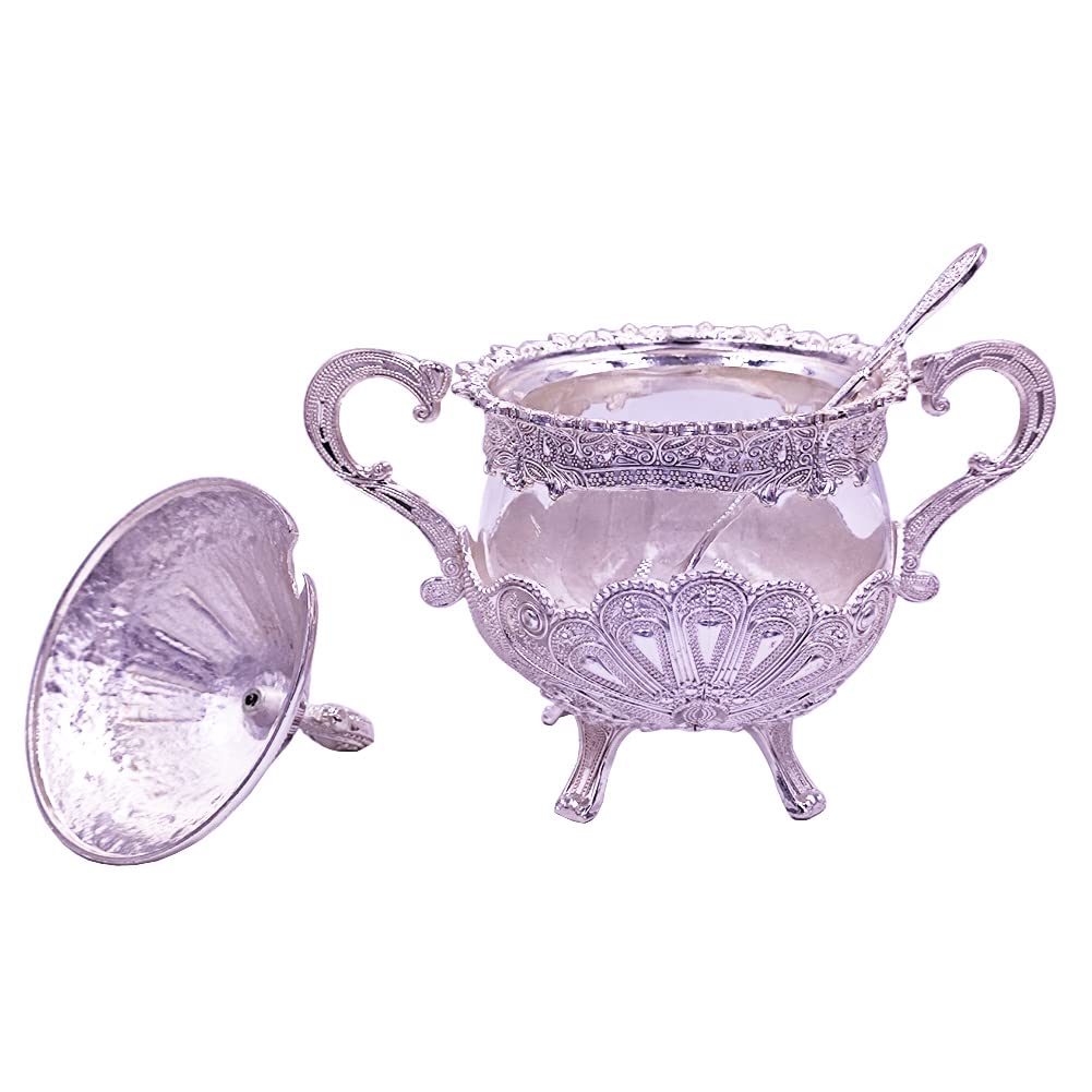 Hourwof Sugar Bowl with Lid and Spoon for Kitchen Coffee Bar and Wedding Party,Metal and Glass Sugar Container for Sugar Cube and Powder Sugar,Spice Condiment Container,Salt Server,Silver