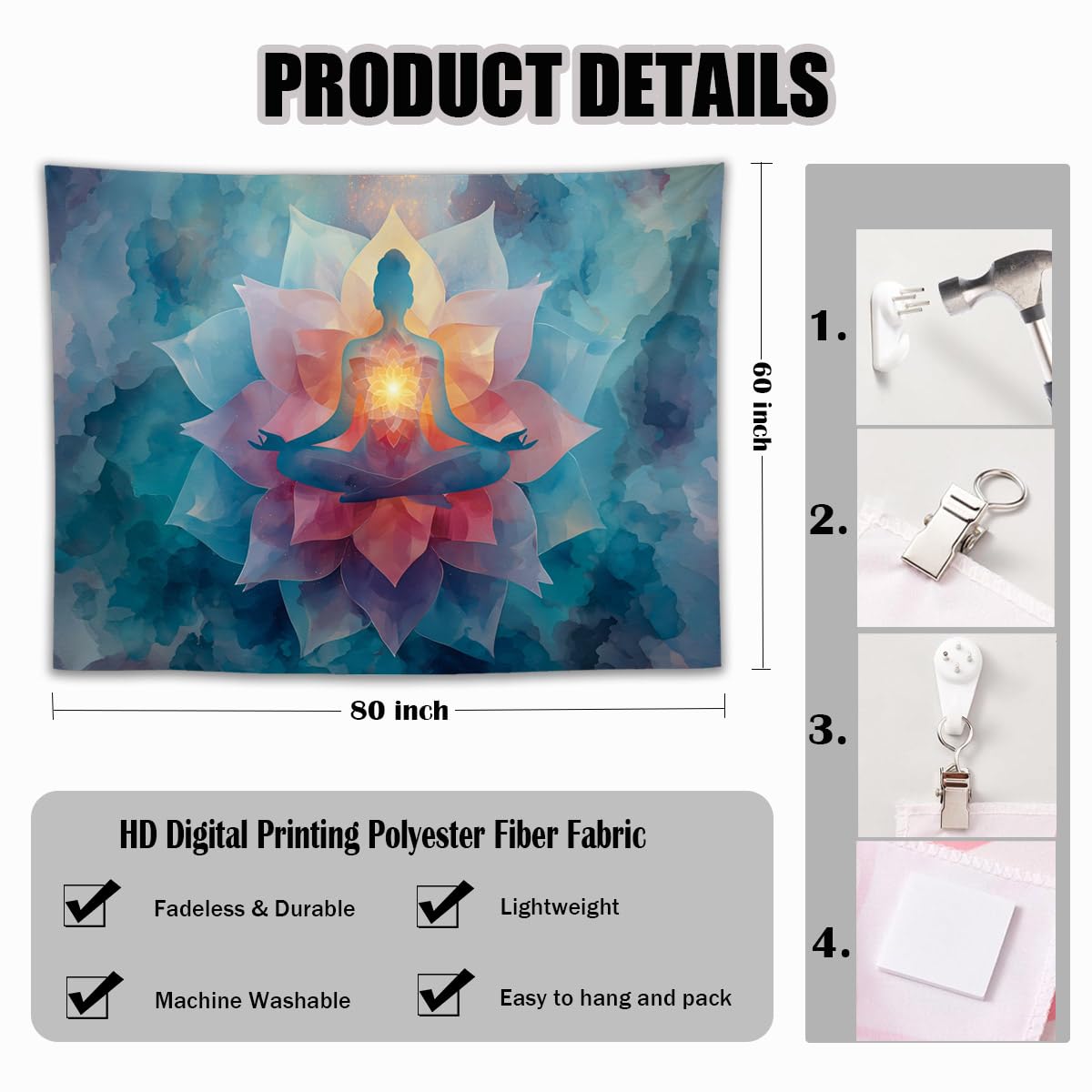 YJDYJD Meditation Wall Tapestry – Spiritual Chakra Wall Hanging with Vibrant Lotus Flower Design, Mindfulness Yoga Room Tapestries, Large Fabric Art for Bedroom & Studio