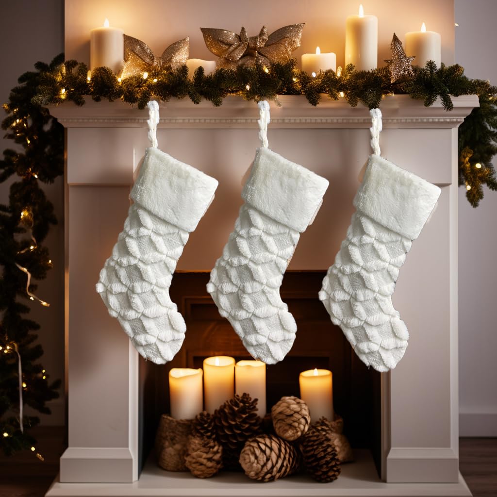AISENO 3 Pack 20 Inch Faux Fur Christmas Stockings Cable Knit Knitted Thick Decoration for Merry Christmas Party Xmas Home Decorations