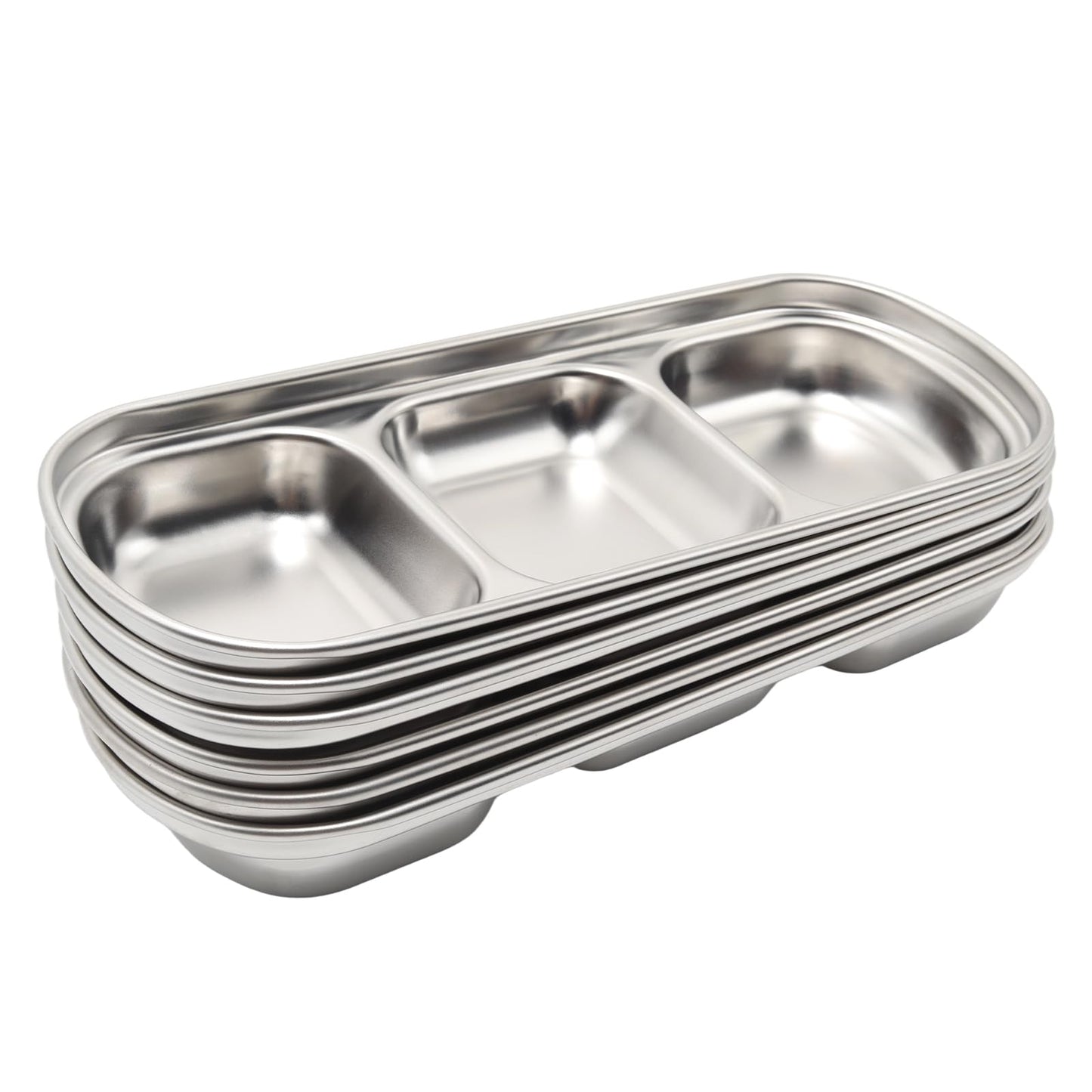 Mormchlots 6pcs 8inch Stainless Steel Divided Dip Bowls,Sauce Bowl Korean Ketchup Bowl,Compartment Condiment Tray for Home/Restaurant (Silver, Triple Dipping Bowl)