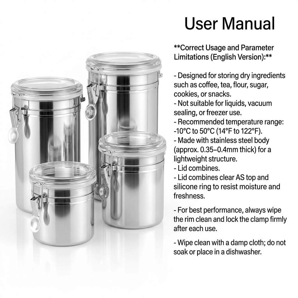 QWORK 4 Pack Stainless Steel Kitchen Storage Canister, Airtight Flour Clamp Canister, 26oz, 36oz, 47oz, 62oz