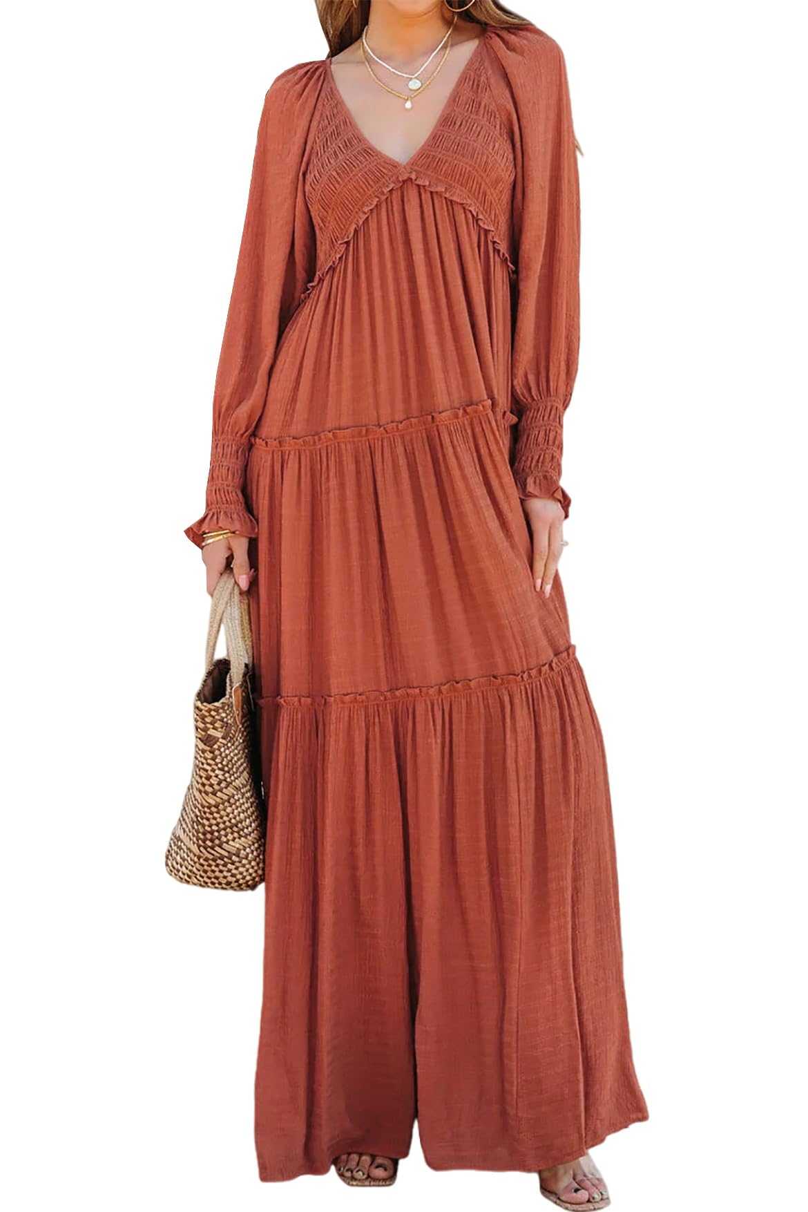 R.Vivimos Maxi Dress for Women Long Sleeve V Neck Empire Waist Layered Ruffle Boho Casual Flowy Long Dresses