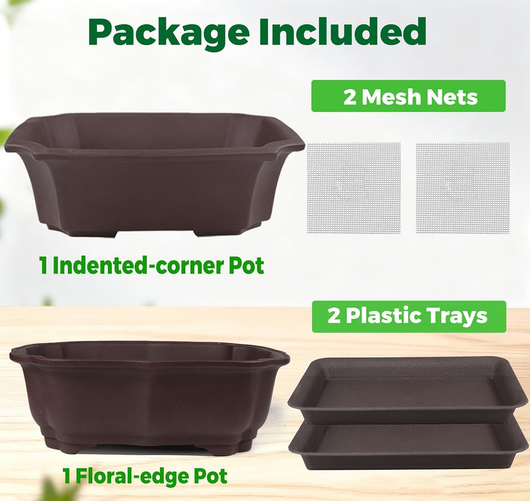 MUZHI 2 Pack 8" Unglazed Ceramic Bonsai Tree Pot Training Planter with Drainage Wiring Hole, Breathable Handmade Zisha Pottery Growing Plant Pot with Mesh Drip Tray Indoor Outdoor