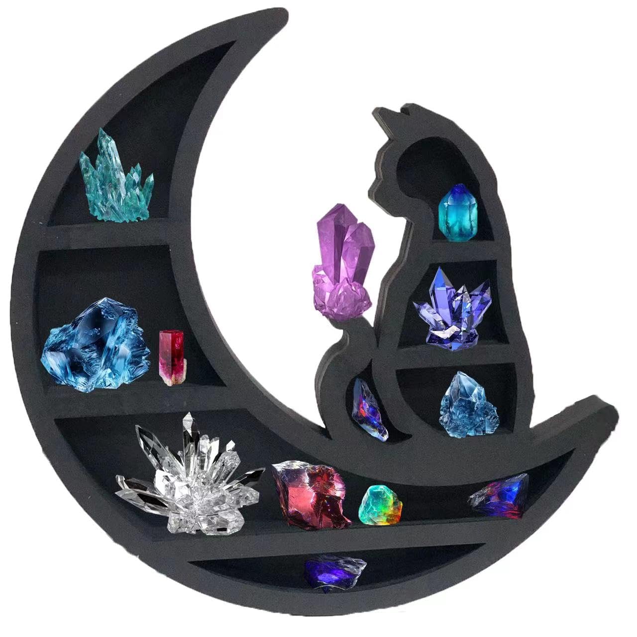 Wooden Moon Shelf for Crystals Display, Rustic Wooden Fairy Shelf for Crystals, 14In Large Wall Mounted Crystal Display Gothic Witchy Home Decor (Heart Shape)
