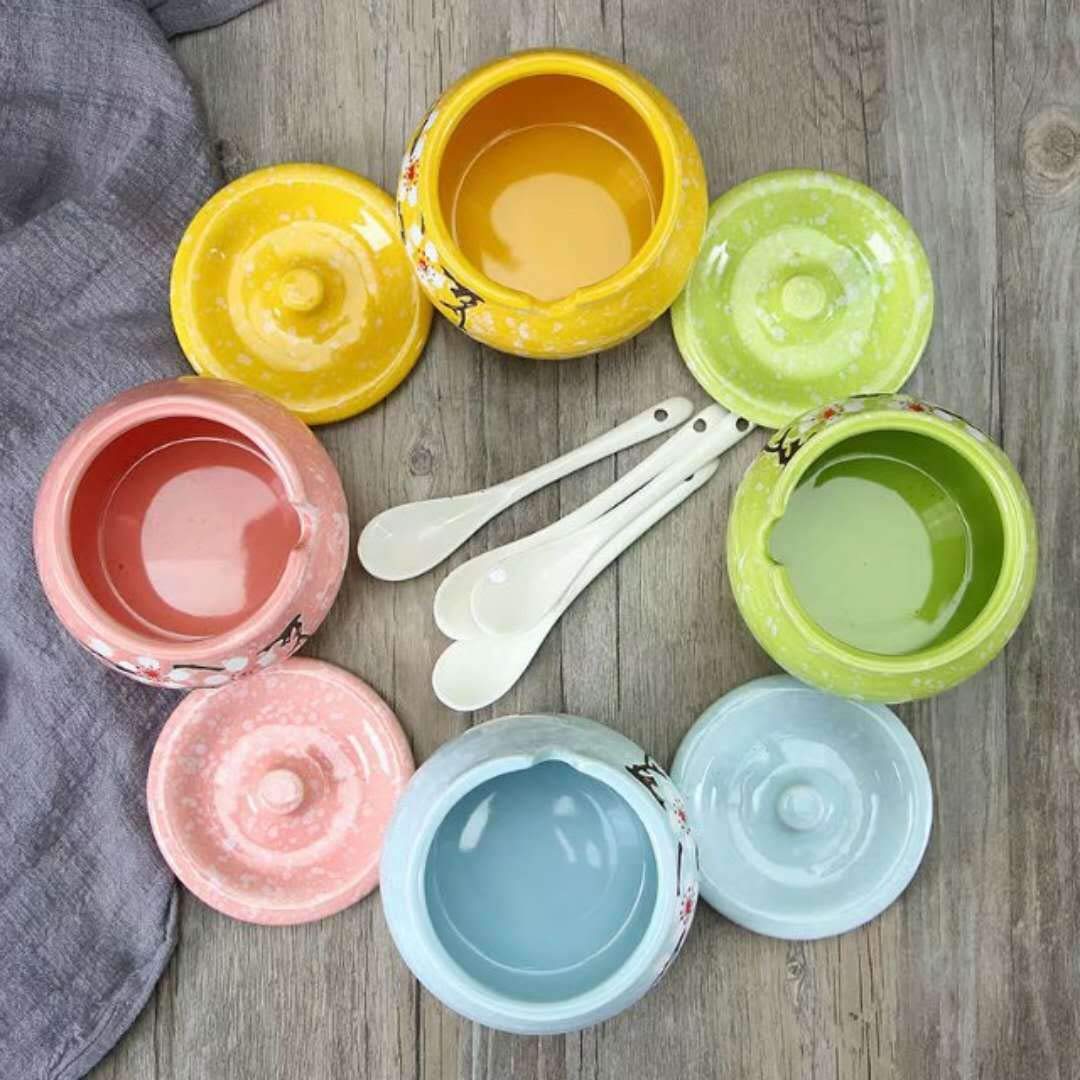 Ceramic Flower Sugar Bowl Seasoning Pot Salt Storage Jar with Lid Spoon