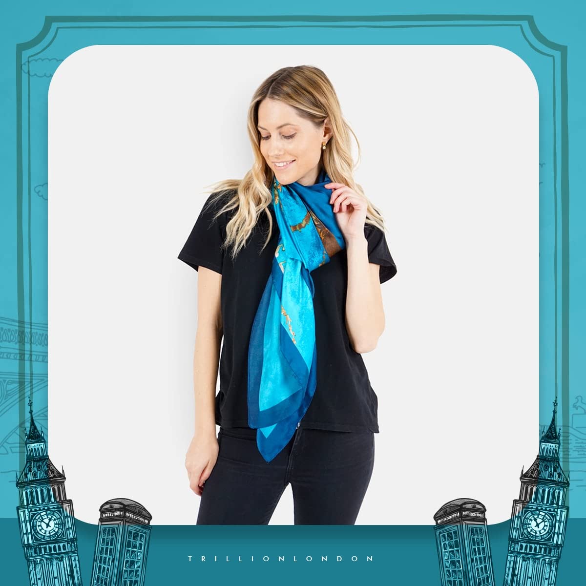 Trillion London® Spring Collection | Blue Floral Silk Neck Scarf For Women | Ladies Lightweight Scarves | Shawl Wraps | Suitable for Daily Life, Gifting | Smooth Soft Finish | Size - 180cm*90cm