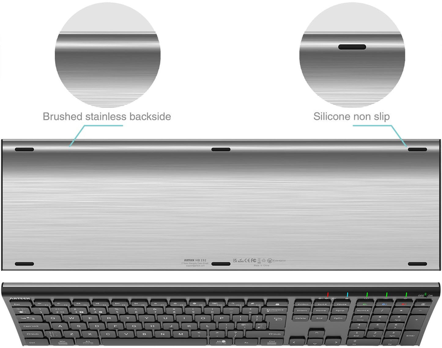 Arteck Universal Bluetooth Keyboard Stainless Steel Full Size UK Layout Wireless Keyboard for Windows, iOS, Android, Computer Desktop PC Laptop Surface Tablet Smartphone Built in Rechargeable Battery