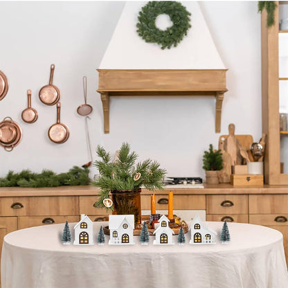 Ovootok Wood & Plastic Christmas Sculpture Set, 9pcs, Including 4 LED Lighted Houses and 5 Frosted Trees for Tabletop Mantel Décor