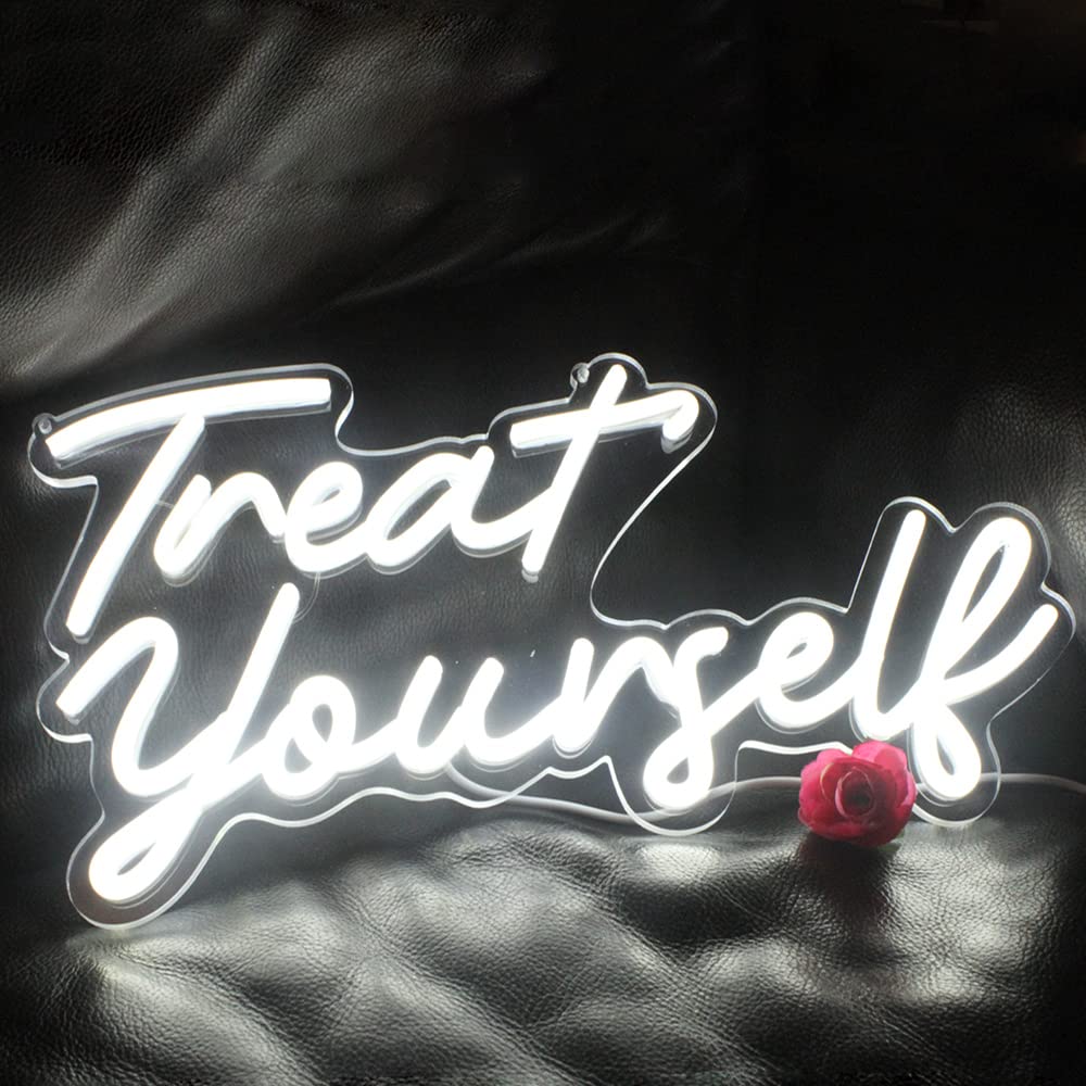 Treat Yourslef Neon Signs White LED Letter Neon Light Sign USB Power for Wall Decor Bedroom Wall Birthday Party Christmas Wedding Decoration(16.5 * 8.7)