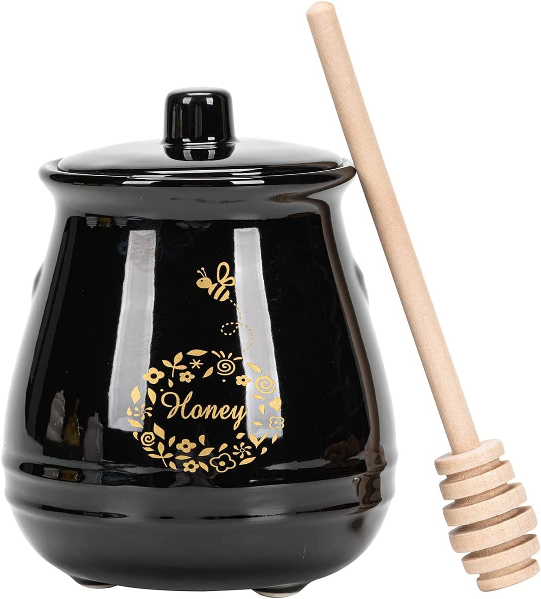 Kosmeey Ceramic Honey Jar With Wooden Honey Dipper - Honey Pot With Dipper - Black Honey Dispenser with Stand, Great Bee Decor- Farmhouse Kitchen Decoration