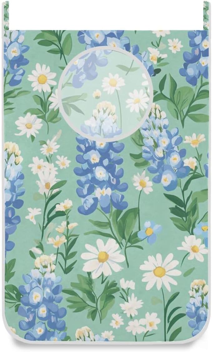 Mint Green Bluebonnet and Daisies Hanging Laundry Hamper Door Hampers Bag Basket