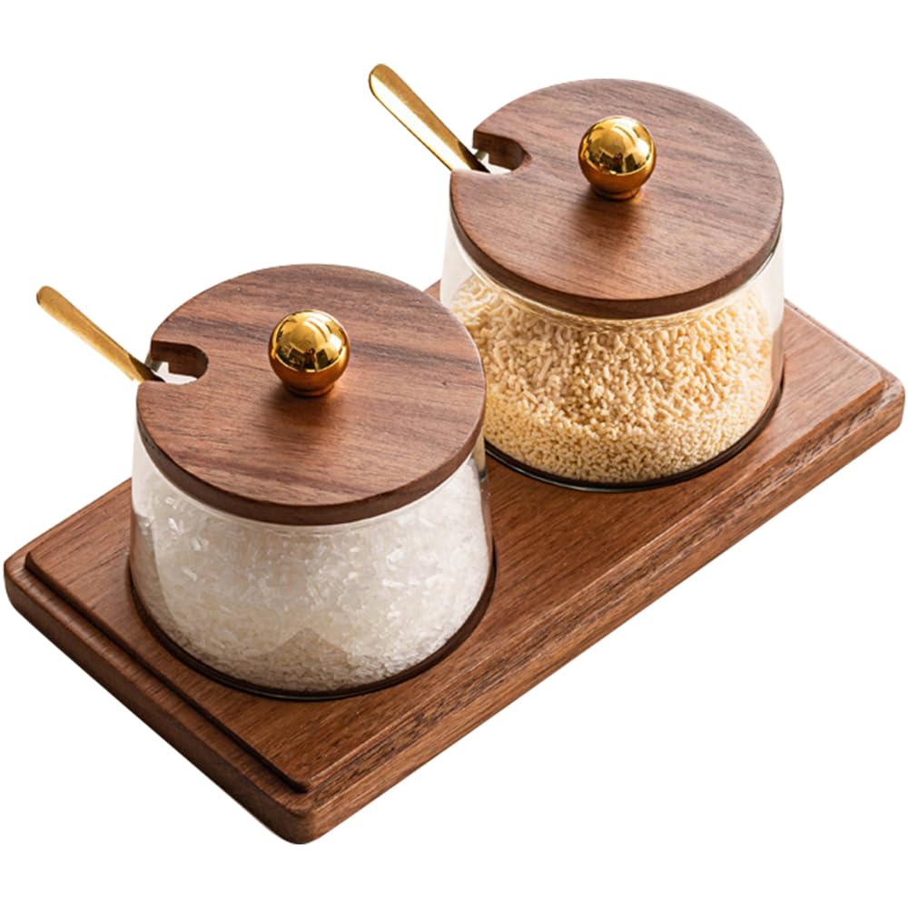 ANQIA Condiment Containers Set with Acacia Wood Lids and Tray Seasoning Box Condiment Pots Jars with Spoons for Spice Salt Sugar Cruet (Gold Top, 2 Jars with Tray)