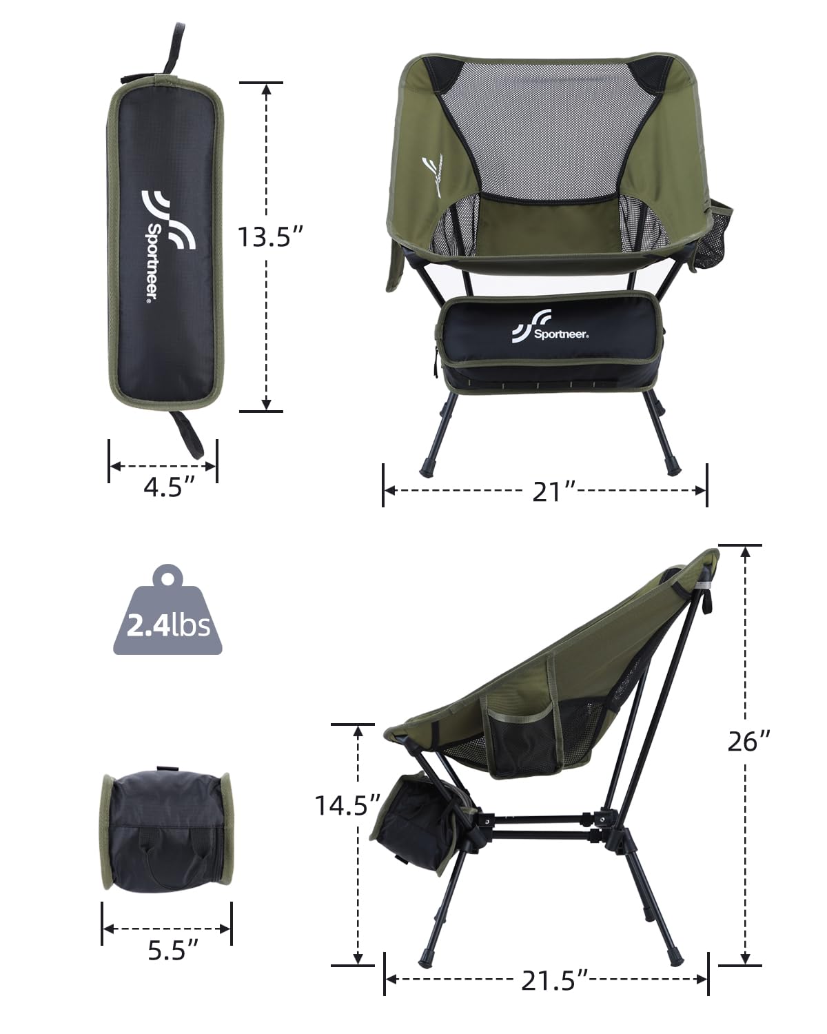 Sportneer Camping Chairs, Lightweight Outdoor Chairs with 2 Side Pockets & Storage Bag, Foldable & Portable Lawn Chairs for Camping Hiking Lawn Picnic Beach Outdoor Travel (2, Green)