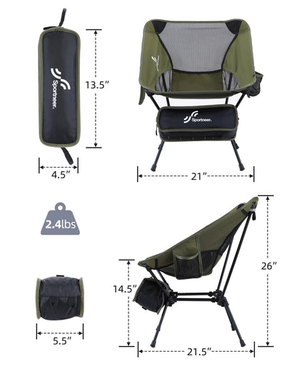 Sportneer Camping Chairs, Lightweight Outdoor Chairs with 2 Side Pockets & Storage Bag, Foldable & Portable Lawn Chairs for Camping Hiking Lawn Picnic Beach Outdoor Travel (2, Green)