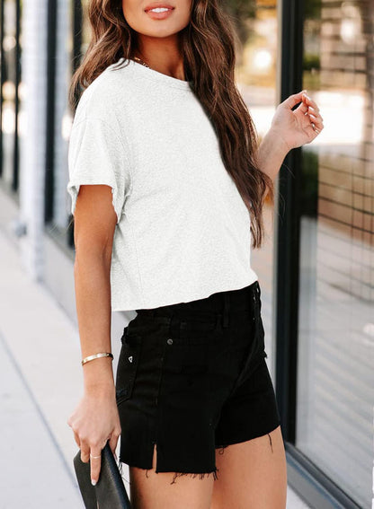 UNCLECAT Women's Cropped T Shirts Trendy Short Sleeve Crew Neck Crop Tops Solid Basic Tee White