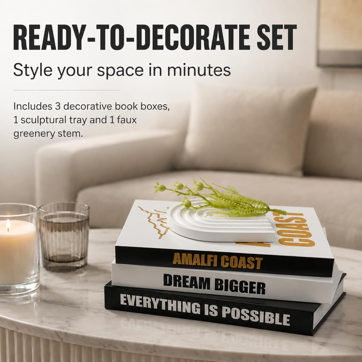Loukaii Decorative Faux Books Set of 3 with Tray and Greenery, Hidden Storage Book Boxes for Coffee Table Decor, Bookshelf, Console Table and Modern Black White Gold Home Styling