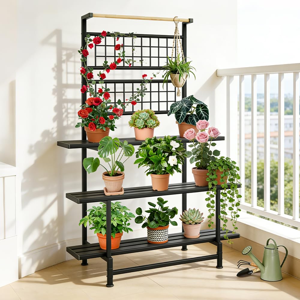 YOBAZAN 3-Tier Metal Plant Stand with Hanging Shelf – Heavy Duty, Waterproof Indoor & Outdoor Flower Rack for Multiple Pots, Balcony, Garden, Living Room – Black