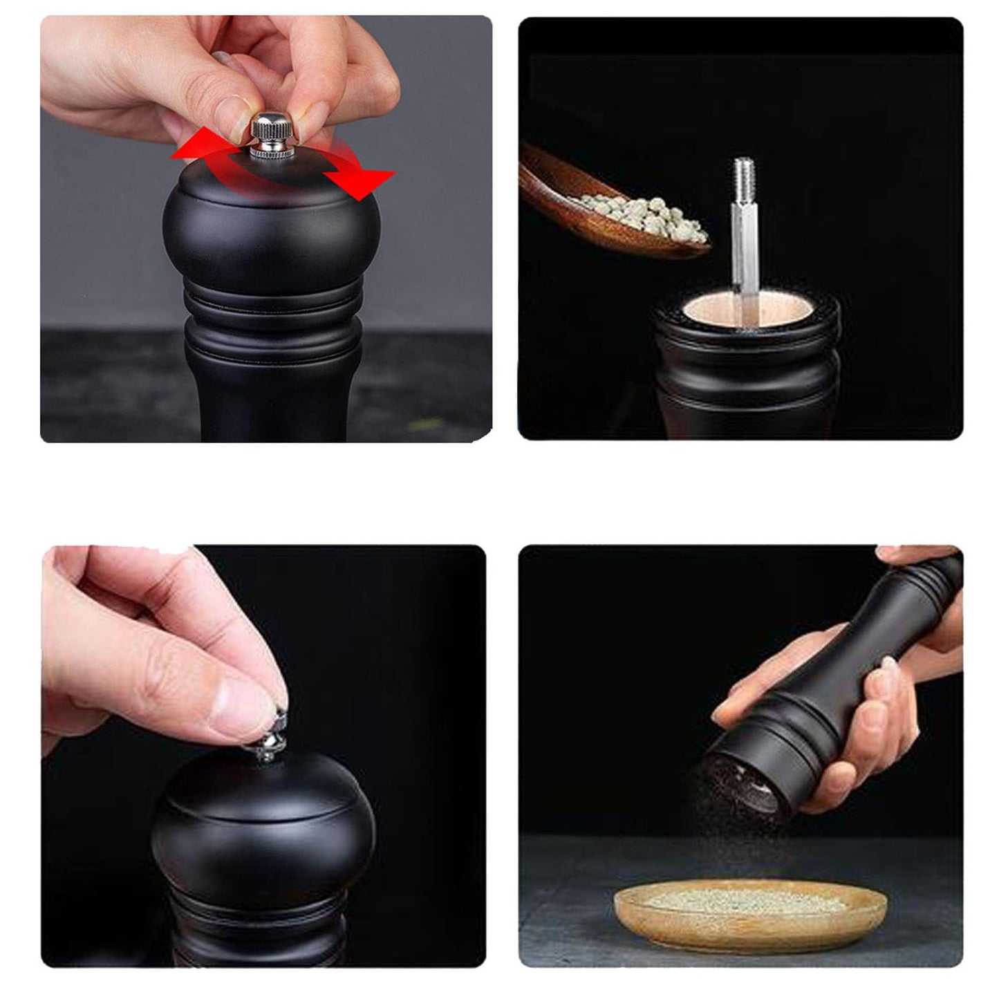 BINHAI Black Set Salt Pepper Mill,Wooden Pepper Grinder Manual Mills Solid with Strong Adjustable Ceramic Grinders 2 Piece 8 Inches