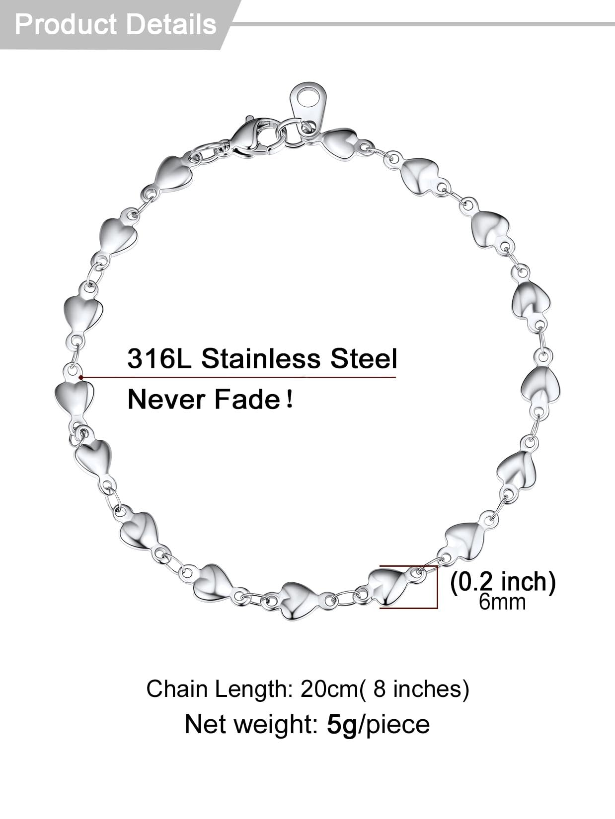 U7 Men Women Stainless Steel Heart Link Chain Bracelet, 8 Inch
