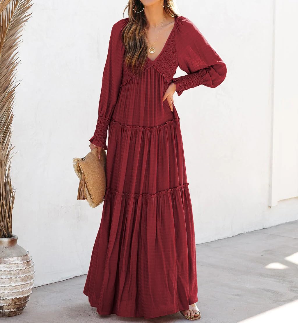 R.Vivimos Maxi Dress for Women Long Sleeve V Neck Empire Waist Layered Ruffle Boho Casual Flowy Long Dresses