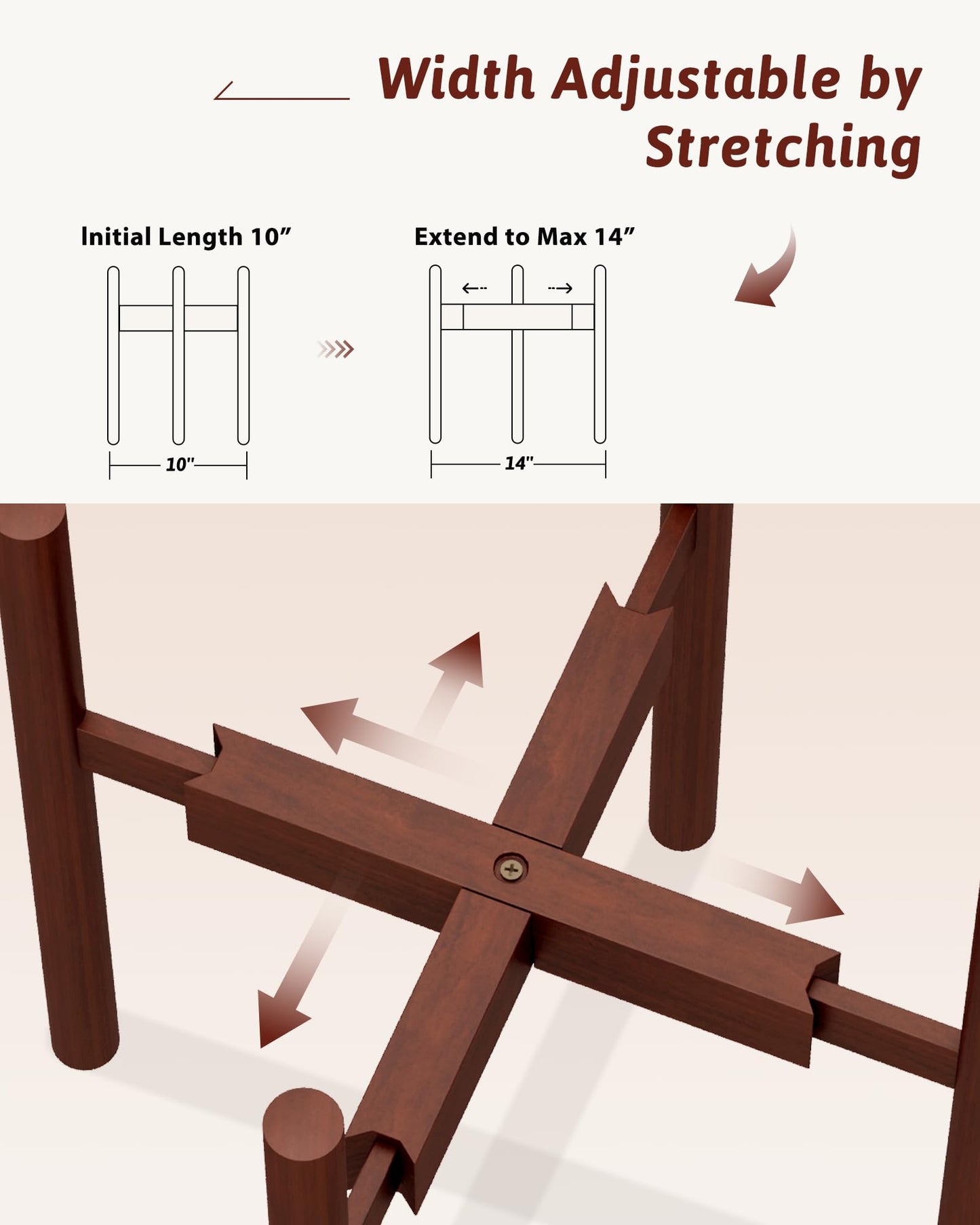 GENTINGBRO Adjustable Plant Stand Indoor, Bamboo Plant Stand Fits 8 9 10 11 12 Inches, Small Corner Planter Holder for Indoor Plants, Single Floor Plant Stands for Living Room Balcony, Reddish Brown